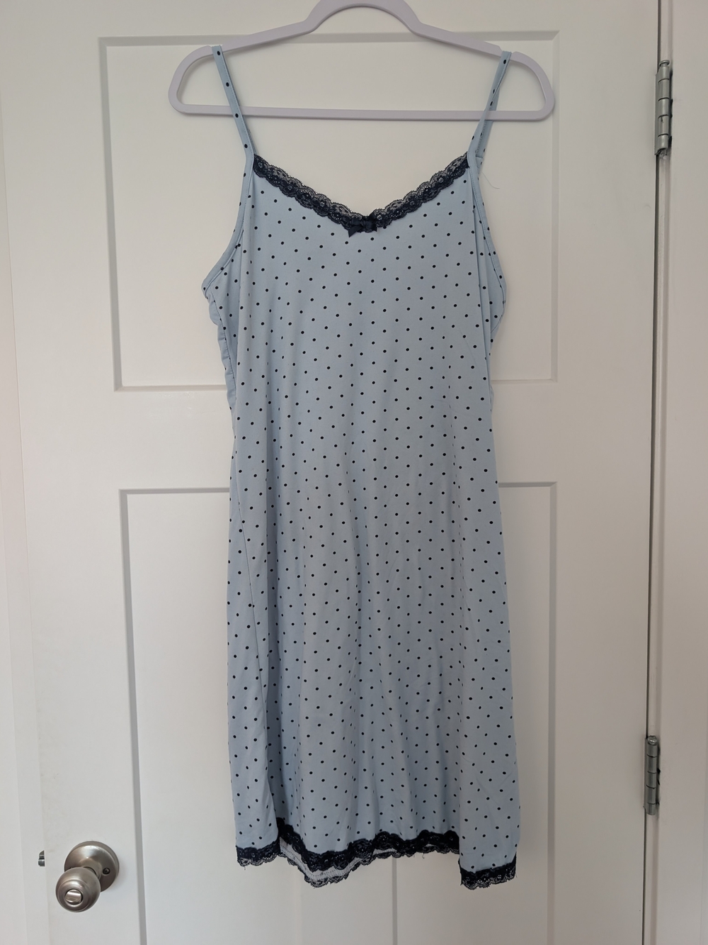 Light Blue Polka Dot Nightgown Slip with Black Lace Trim Size Large